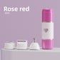 Rose red mini shaver body on a podium beside its foil, blade and nose heads