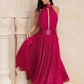Backless halter chiffon maxi gown with sequin collar, back view, bare open back to the sequin waistband