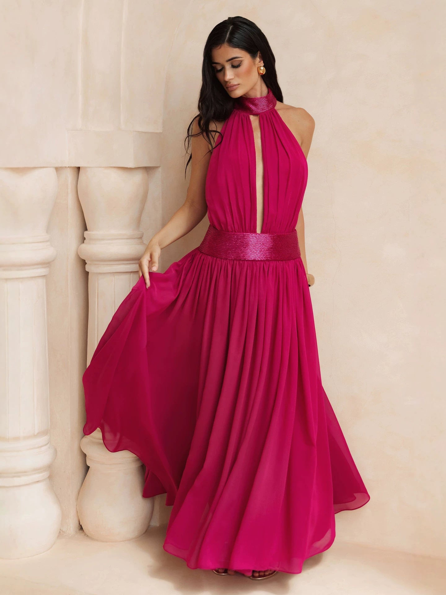 Backless halter chiffon maxi gown with sequin collar, back view, bare open back to the sequin waistband