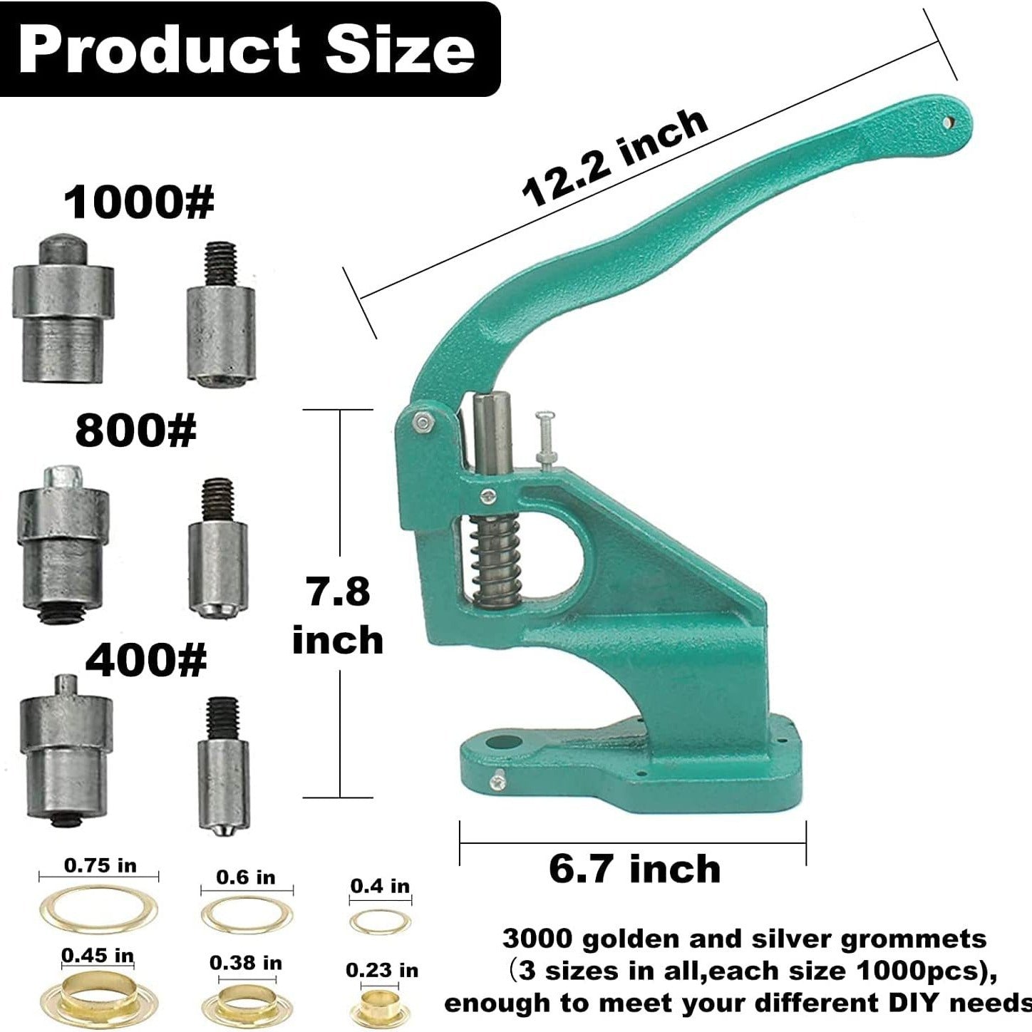 Bench mount hand lever grommet press for leather and fabric, with interchangeable dies and pins