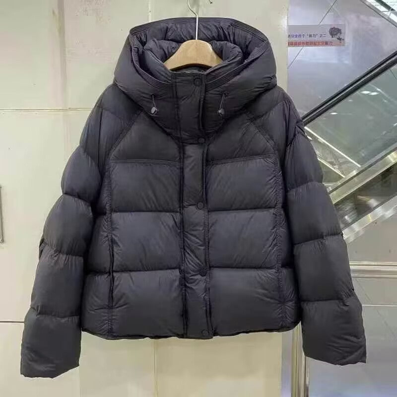 Hooded down puffer jacket flat lay showing the attached hood and rounded quilted panels