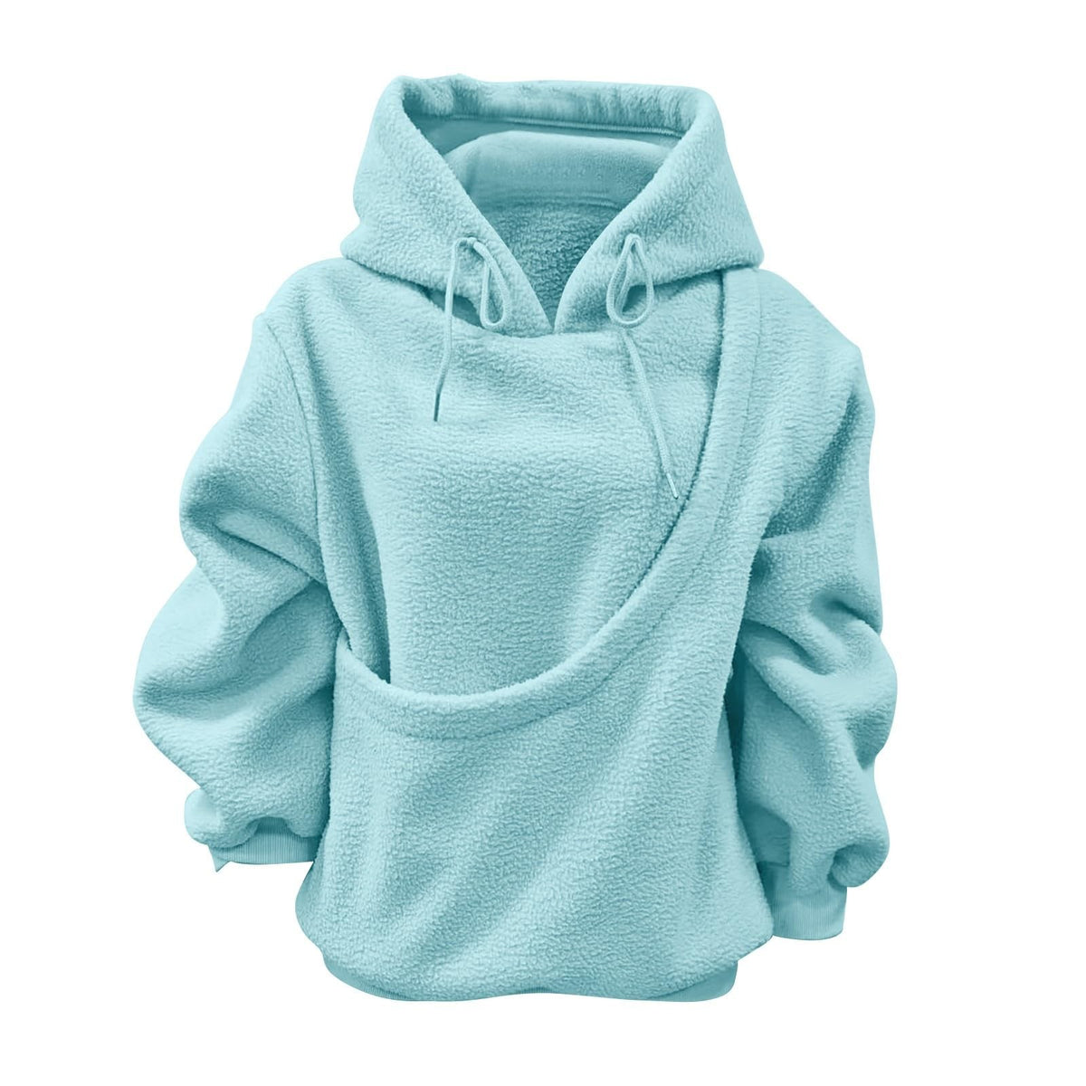 Light blue plush fleece hoodie with a diagonal pouch pocket and drawstring hood, option photo for size L
