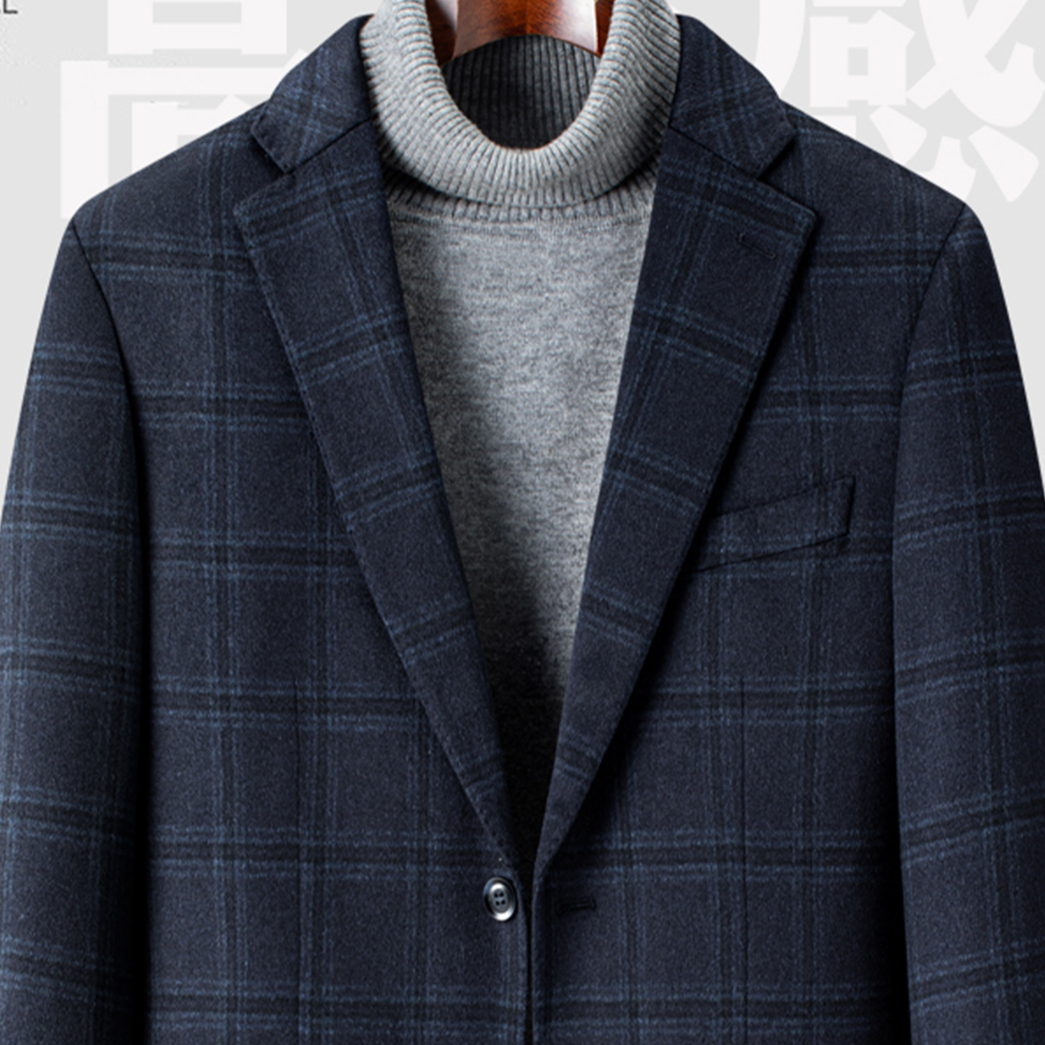 Men's navy check wool blend single breasted blazer detail grid of the lining, cuff and welt pocket
