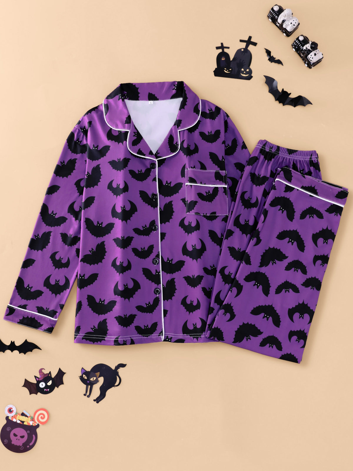 Purple Bat pajama set covered in black bats, size S option photo