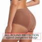 Model in high-waist menstrual underwear rear view with an all round leak protection note