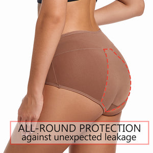 Model in high-waist menstrual underwear rear view with an all round leak protection note