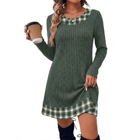 Womens Ribbed Knit Long Sleeve Mini Dress with Plaid Trim