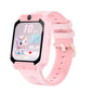 Pink kids smart phone watch seen from the side with the strap buckle, unicorn watch face on the screen