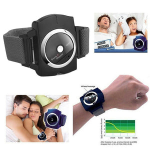 Promotional composite showing the snore sensor wrist band, a couple in bed and a usage chart