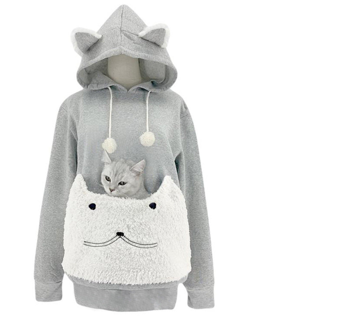 Light gray cat ear hoodie with white plush cat face pouch and white pompoms, size S option