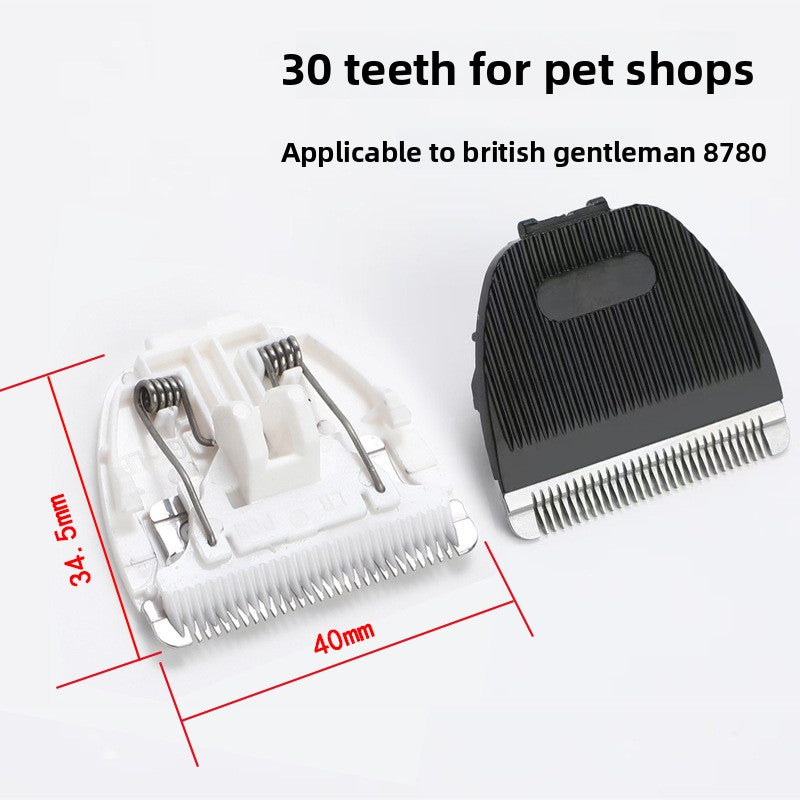 Black and white 30-tooth clipper blade heads side by side with 40 mm by 34.5 mm size marks