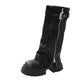 Black thick soled knee high boot with strap buckle and full length side zipper on a white background