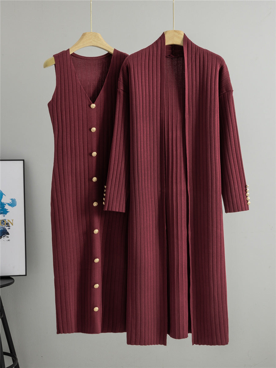 Wine red ribbed knit set, a sleeveless V neck button front dress and a long open cardigan on hangers