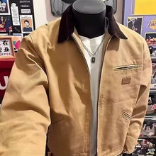 Loose-Fit Khaki Zip-Up Jacket with Brown Collar and Chest Pocket
