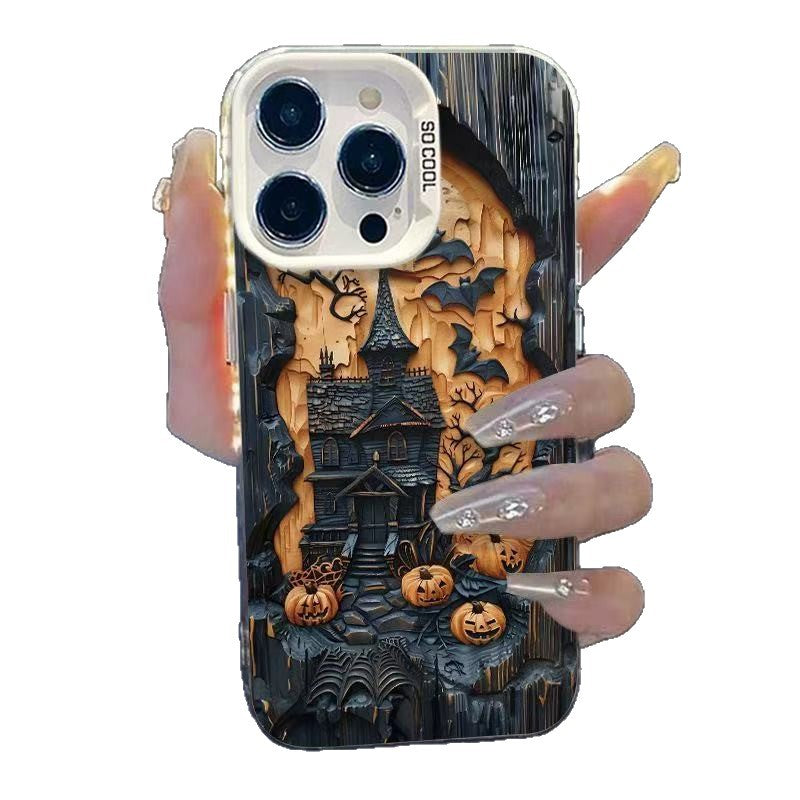 Halloween printed iPhone case with a silver camera frame photographed against a white ground
