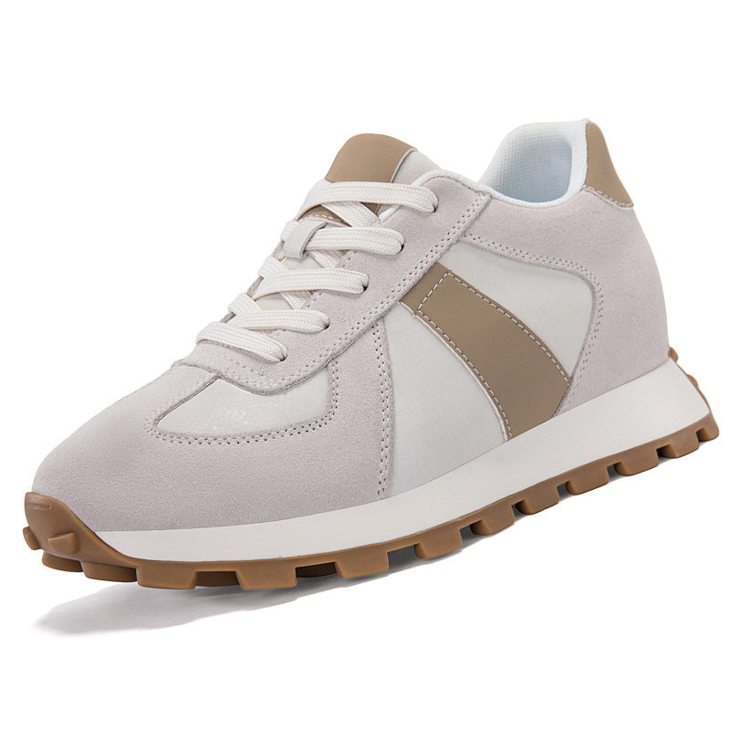 Gray suede low top lace up sneaker with a taupe stripe, flat insole option, size 42