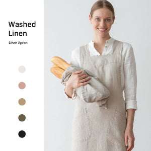 Front view of natural linen apron with two patch pockets at the waist