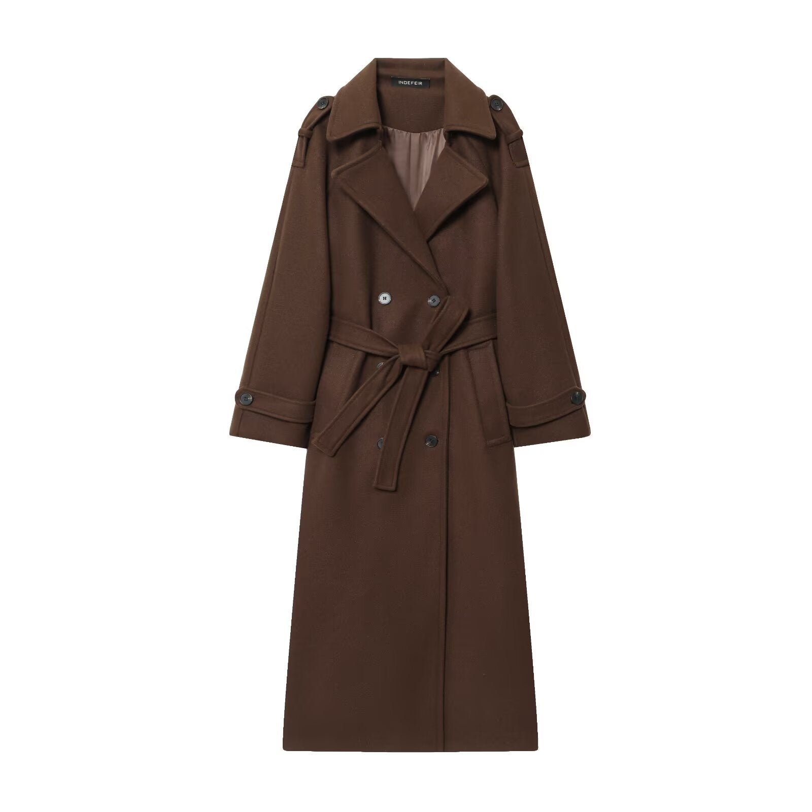 Double breasted belted longline woollen look overcoat, the eight colourways shown side by side