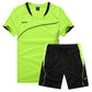 Fluorescent green jersey shown with black shorts, both carrying a printed sport wordmark