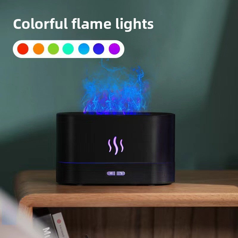 Flame effect diffuser shown with its USB cable and the water tank opening