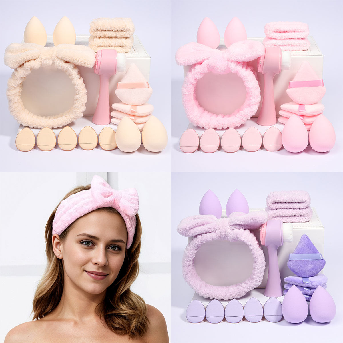 Makeup sponge and powder puff sets in beige, pink and purple with a headband and facial brush