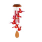 Red bird wind chime lamp with red tubes and a wooden oval pendant on a white background