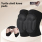 Pair of black knit knee pads with a textured turtle shell sponge pad and a small circle showing them worn on the legs