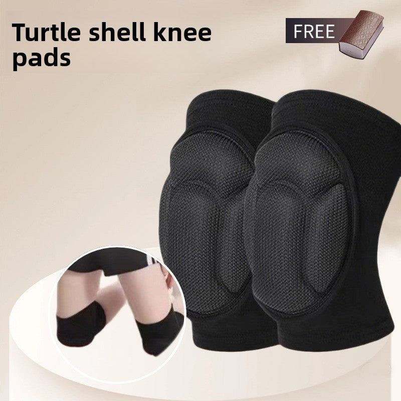 Pair of black knit knee pads with a textured turtle shell sponge pad and a small circle showing them worn on the legs