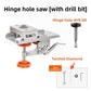 Hinge hole punch with a hinge hole drill bit shown beside it, plus wrench, small bit, ring and hex key