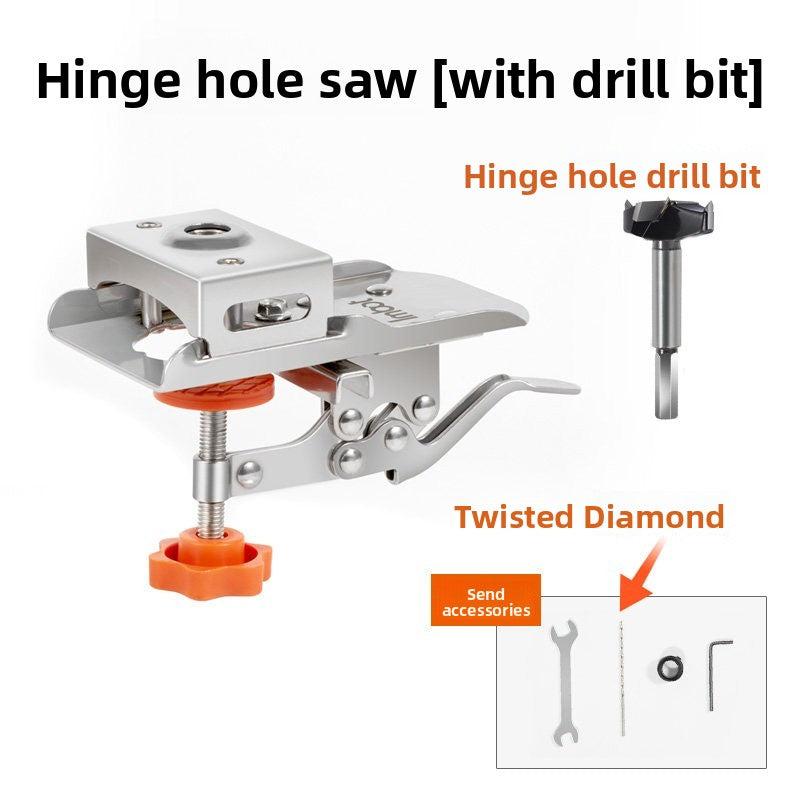 Hinge hole punch with a hinge hole drill bit shown beside it, plus wrench, small bit, ring and hex key