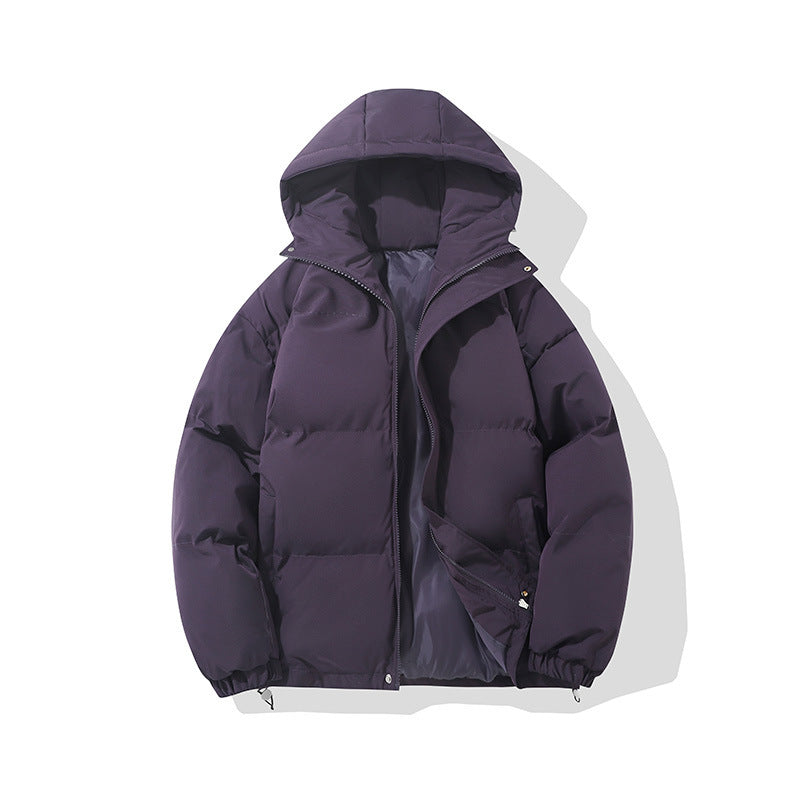 Hooded padded puffer jacket in purple, hood detail