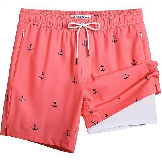 Coral men's swim trunks with navy anchor print and white drawstring