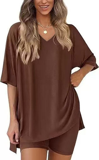 Dark Brown milk silk V neck loungewear set, oversized top and matching shorts, size XXL