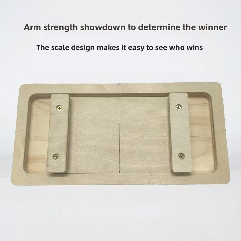 Solid wood trainer board with two grip bars and screws, caption arm strength showdown, scale design shows who wins
