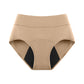 Beige high-waist menstrual brief front view with mesh side panels on a plain background