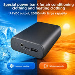 Black plastic power bank on a split cold and warm background, 7.4V DC output for heated and cooling clothing
