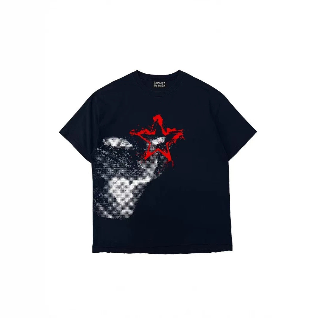 Black oversize cat print tee with a red star on a white background, image of the size 2XL option