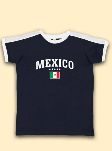 Navy Mexico baby tee with white ringer neck and arched white lettering