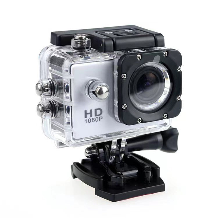 Action camera in its case seen from the front with the wide angle lens