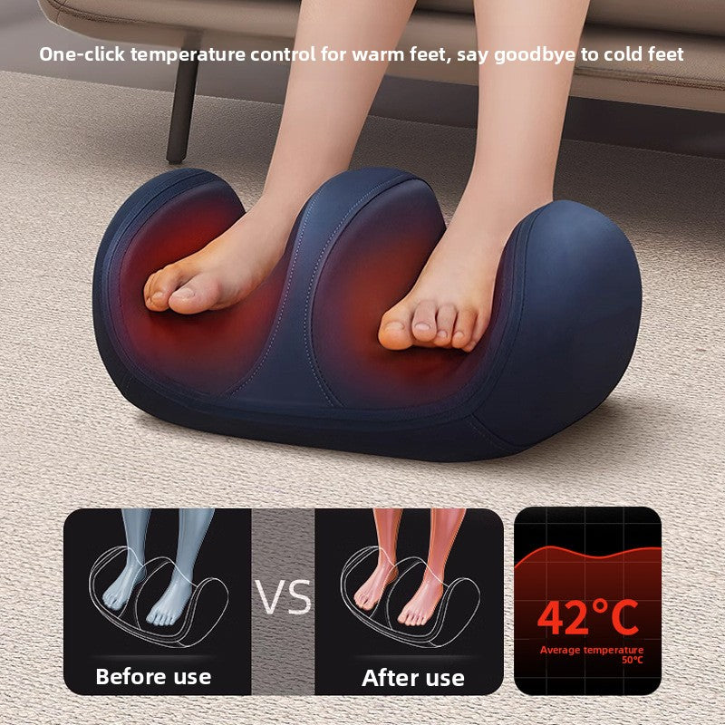 Blue leg and foot massager with both feet resting in the cradles, a red heat glow and a 42 degree C reading