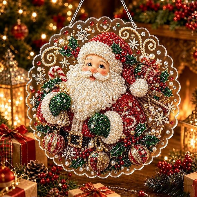 Beaded Christmas door hanger shown against a festive fireplace backdrop