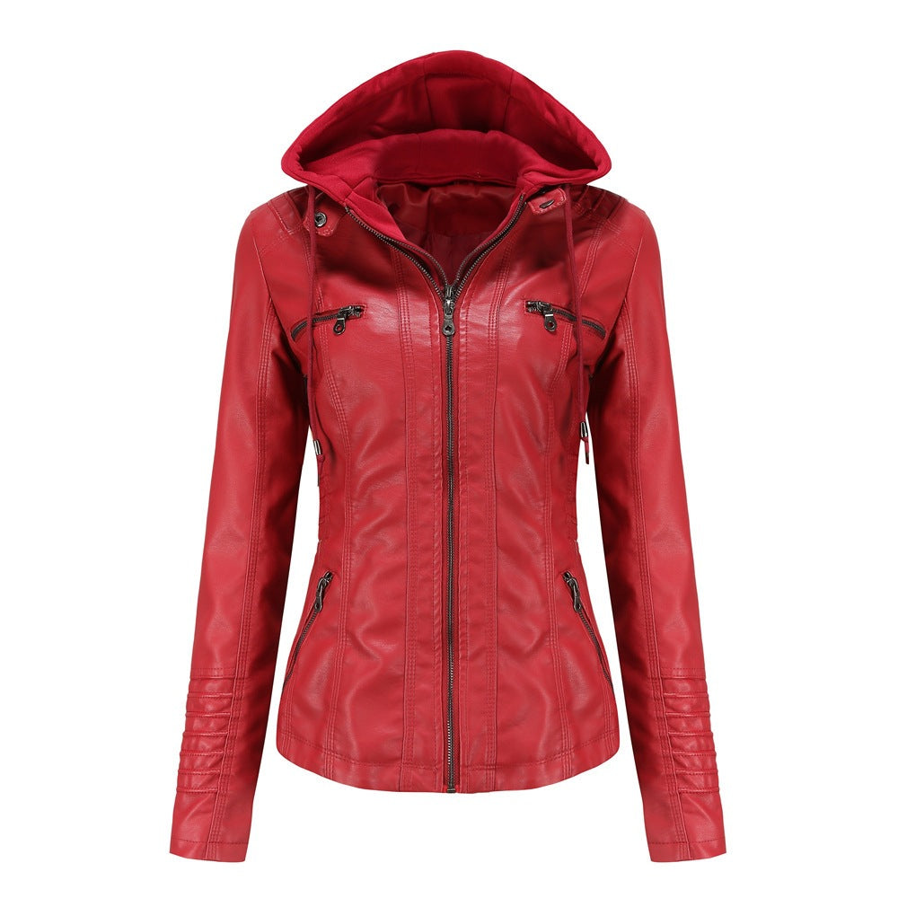 Red PU leather jacket with detachable hood, size M option