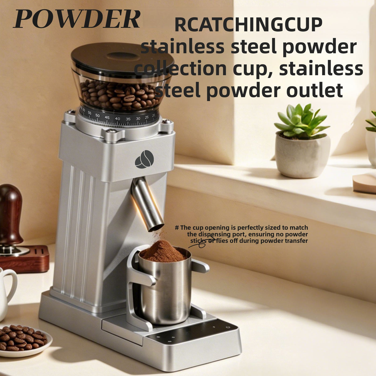 Silver coffee grinder on a wood counter with cleaning air blower puff shown inset