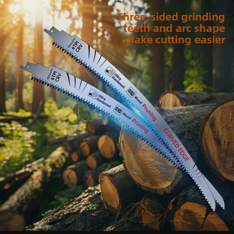Two curved silver saw blades over cut logs, three sided grinding teeth and arc shape for easier cutting