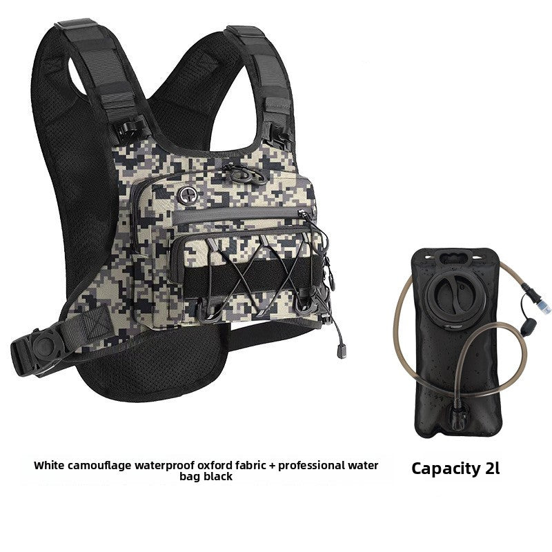 Chest pack worn over a jacket to show the adjustable strap range