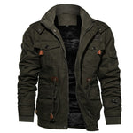 Military green cotton field jacket with open front, chest flap pockets and fleece lining