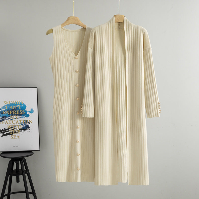 Apricot two piece ribbed knit set showing the buttoned dress beside the long open cardigan