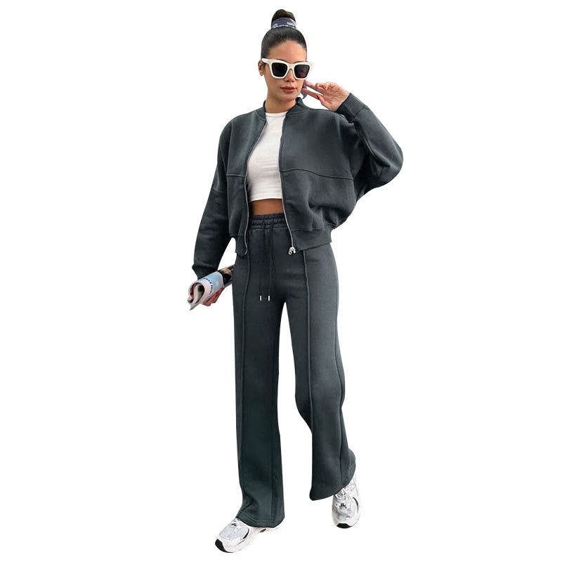 Dark gray fleece zip jacket and wide-leg pants set, front view