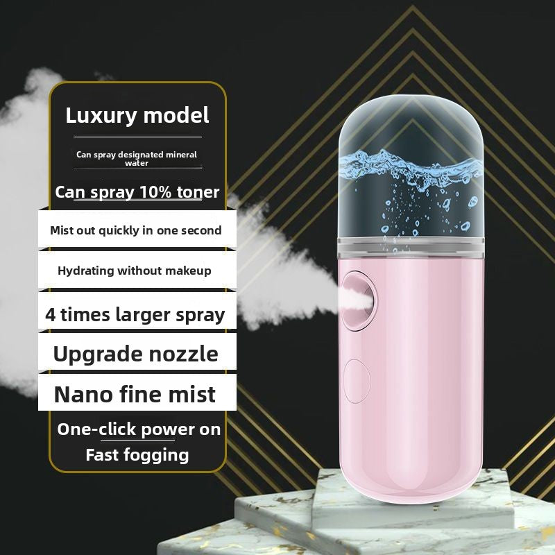 White nano facial mister on stone with notes on tank water, toner and fast mist