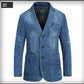 Light Blue Denim blazer jacket with three buttons and patch pockets, option photo for size M